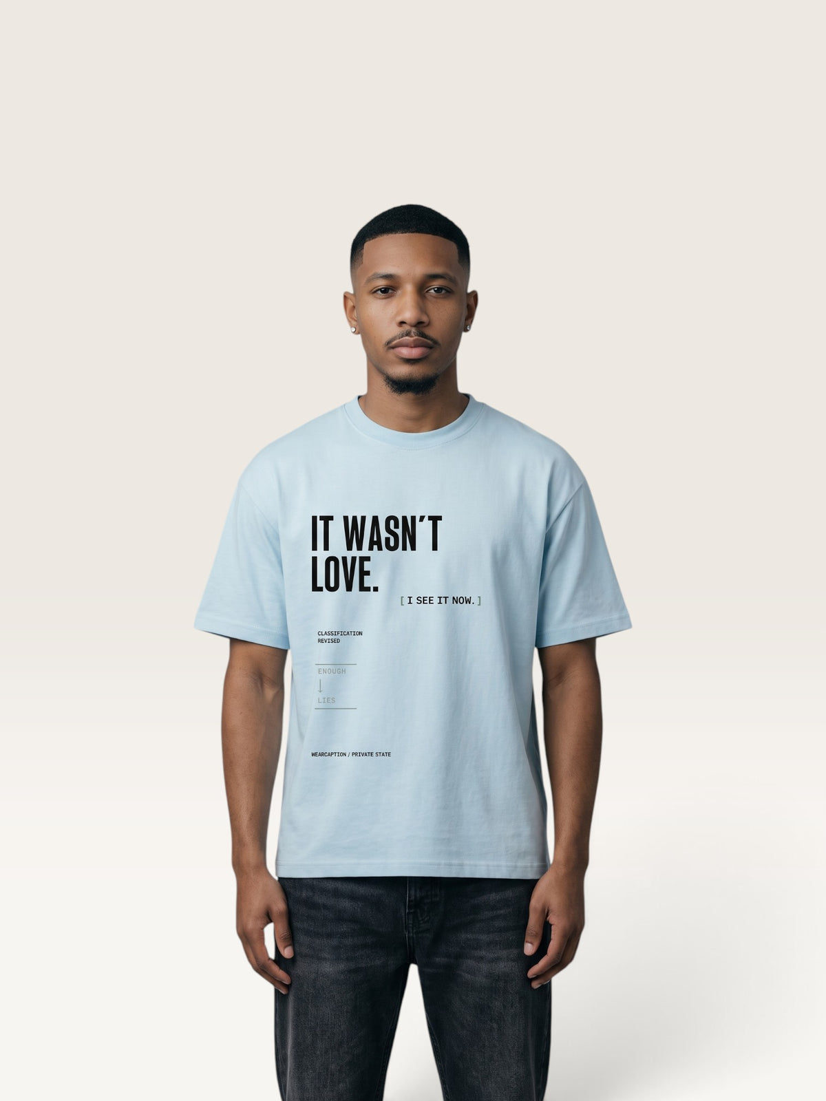 Sky Blue WEARCAPTION heavyweight cotton oversized t-shirt with white and green graphic text print on the back
