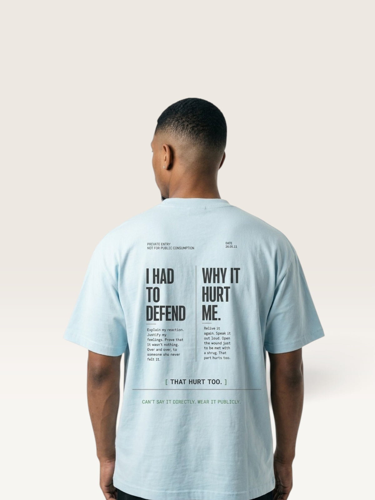 Sky Blue A man wearing a light blue WEARCAPTION heavyweight cotton t-shirt with black text printed on the back.