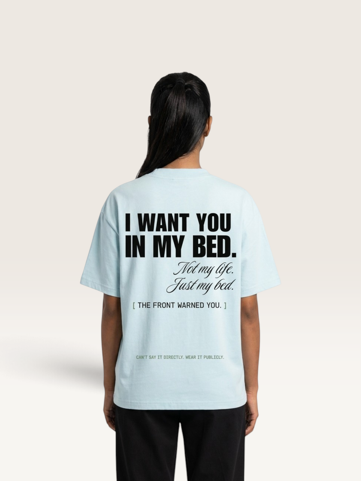 Sky Blue - DON'T READ MY BACK TEE, WEARCAPTION heavyweight oversized back view worn by woman