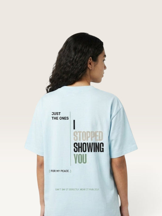 Sky Blue - heavyweight cotton oversized t-shirt with white NO HARD FEELINGS A LIE text print on the front