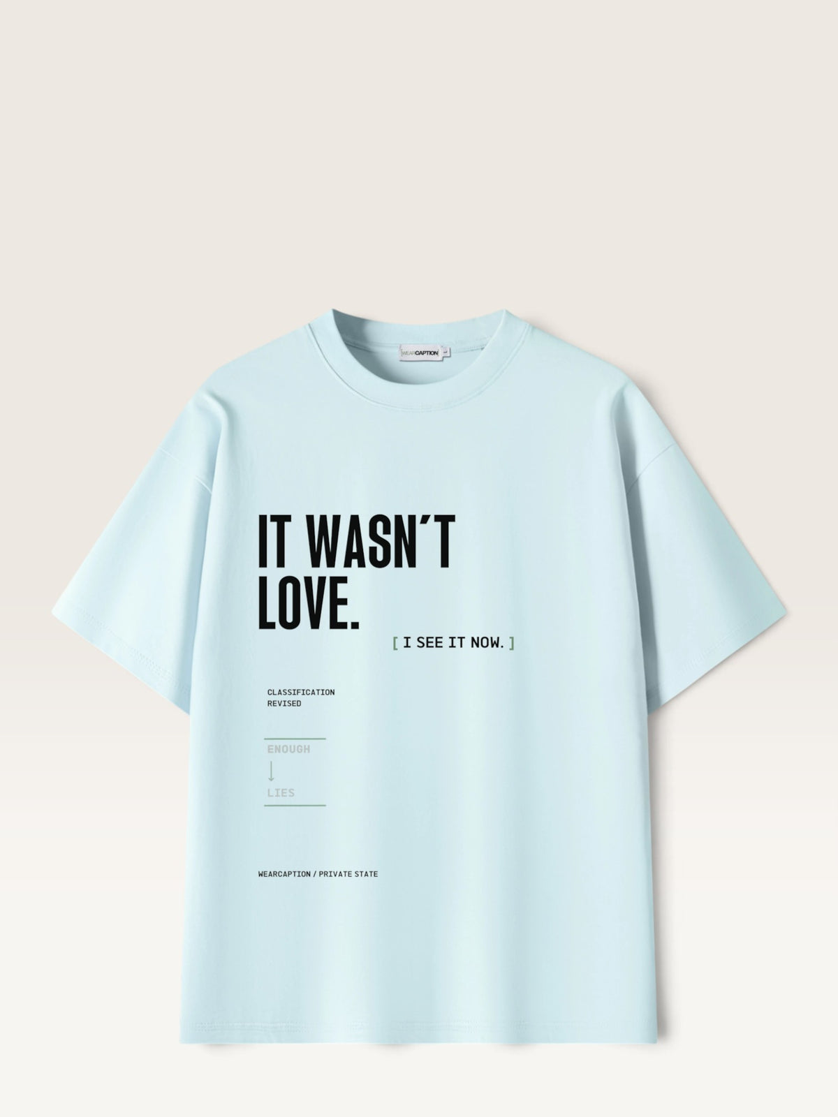 Sky Blue WEARCAPTION heavyweight cotton oversized t-shirt with white and green graphic text print on the back
