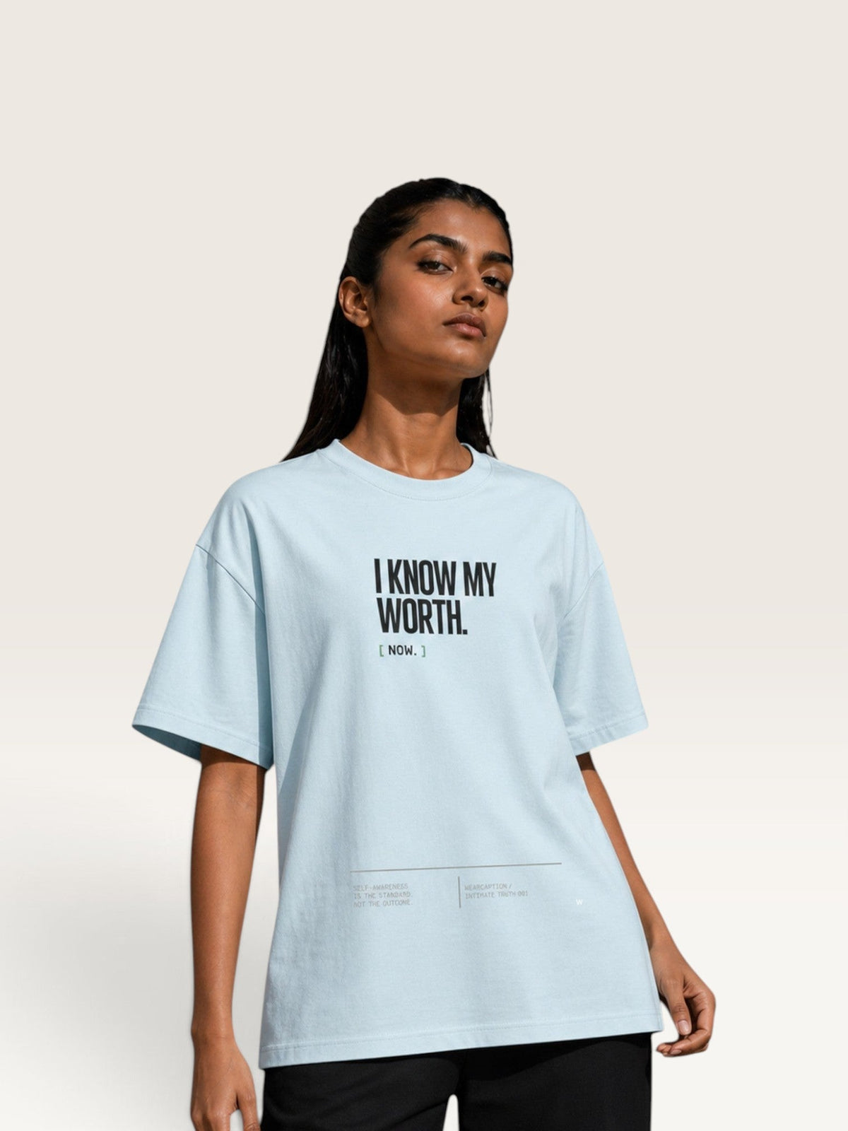 Sky Blue  WEARCAPTION  heavyweight cotton oversized t-shirt with white I KNOW MY WORTH graphic print on the front