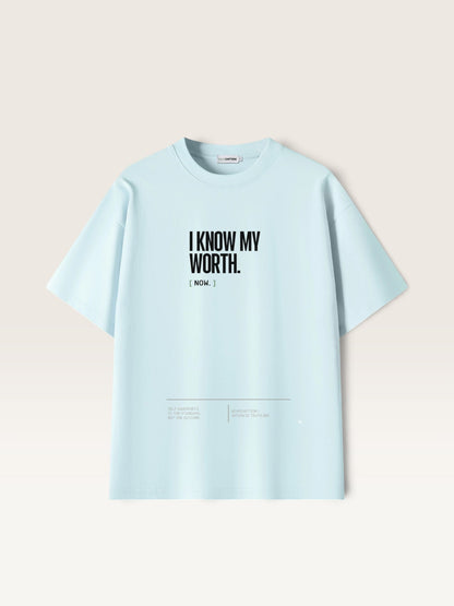 Sky Blue  WEARCAPTION  heavyweight cotton oversized t-shirt with white I KNOW MY WORTH graphic print on the front