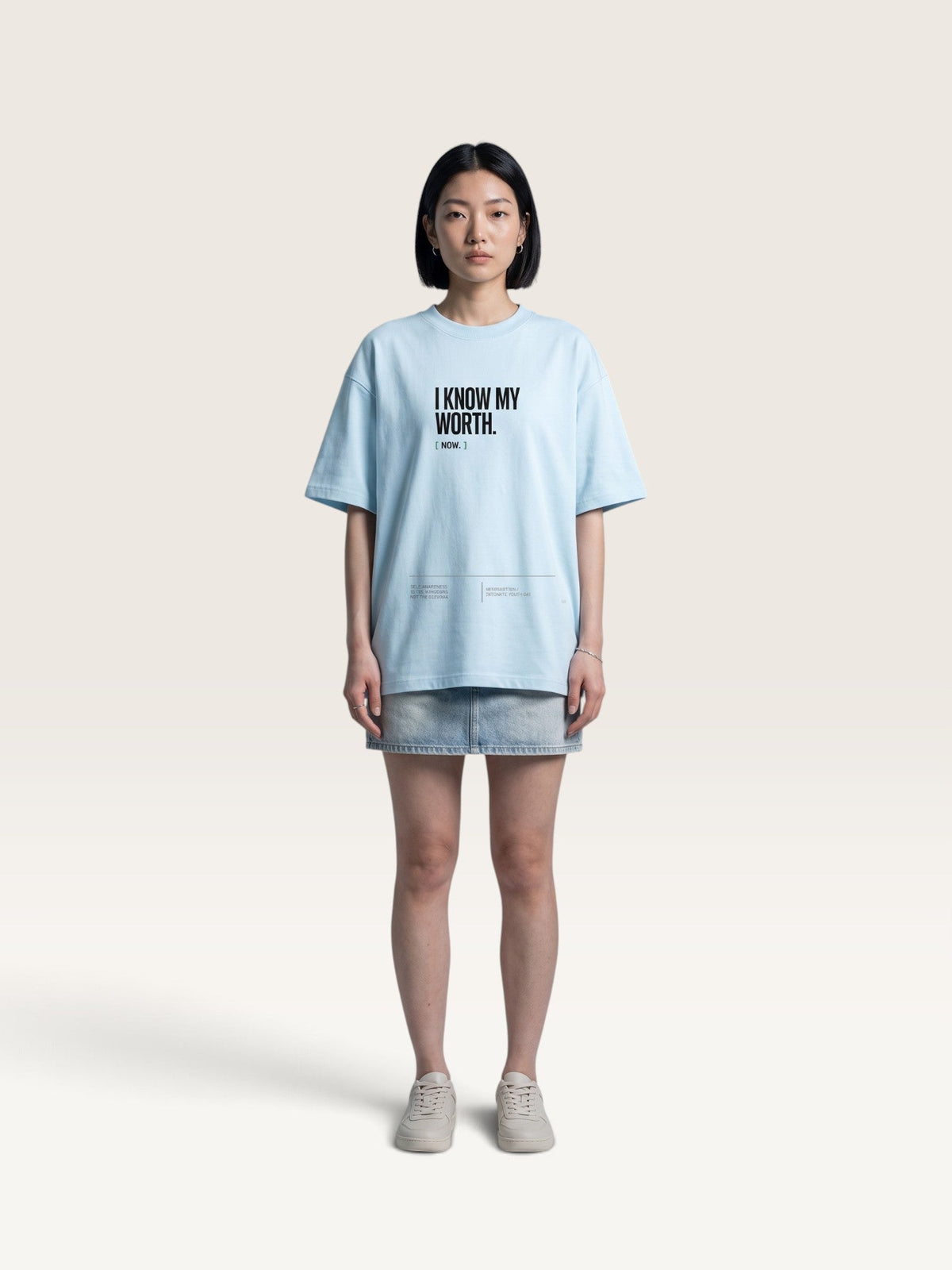 Sky Blue  WEARCAPTION  heavyweight cotton oversized t-shirt with white I KNOW MY WORTH graphic print on the front
