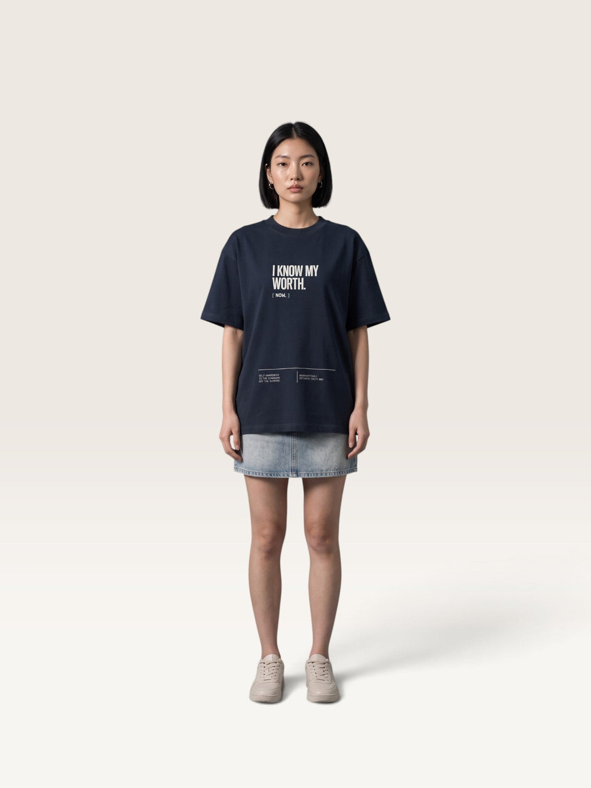 Navy Blue  WEARCAPTION  heavyweight cotton oversized t-shirt with white I KNOW MY WORTH graphic print on the front