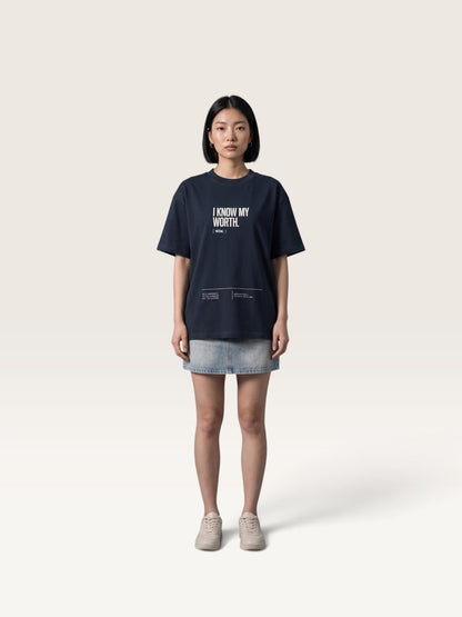 Navy Blue  WEARCAPTION  heavyweight cotton oversized t-shirt with white I KNOW MY WORTH graphic print on the front