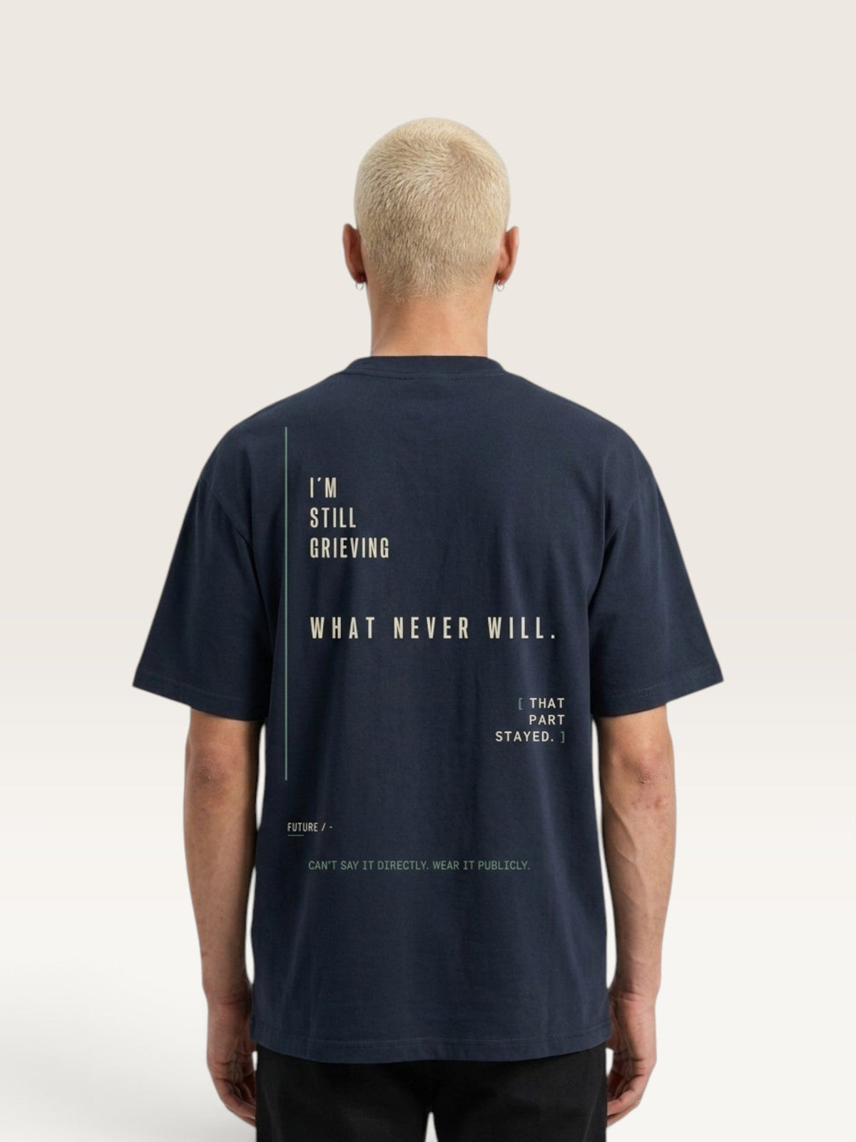 WEARCAPTION navy heavyweight cotton t-shirt with white and green text graphic on the back, boxy oversized fit