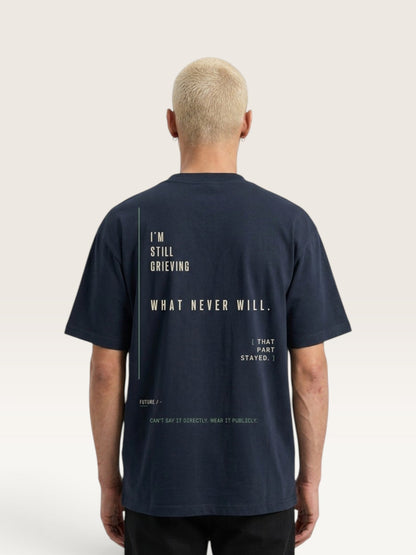 WEARCAPTION navy heavyweight cotton t-shirt with white and green text graphic on the back, boxy oversized fit