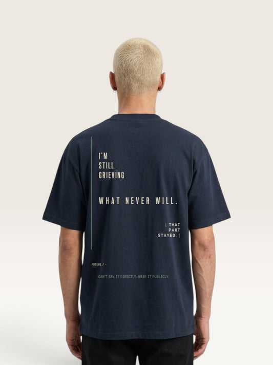 WEARCAPTION navy heavyweight cotton t-shirt with white and green text graphic on the back, boxy oversized fit
