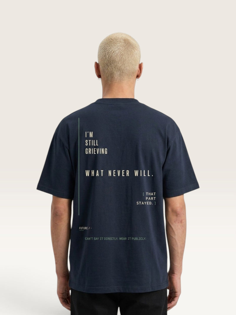 WEARCAPTION navy heavyweight cotton t-shirt with white and green text graphic on the back, boxy oversized fit