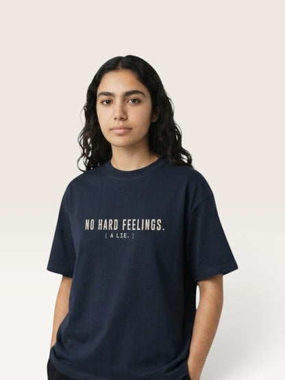 Navy Blue - heavyweight cotton oversized t-shirt with white NO HARD FEELINGS A LIE text print on the front