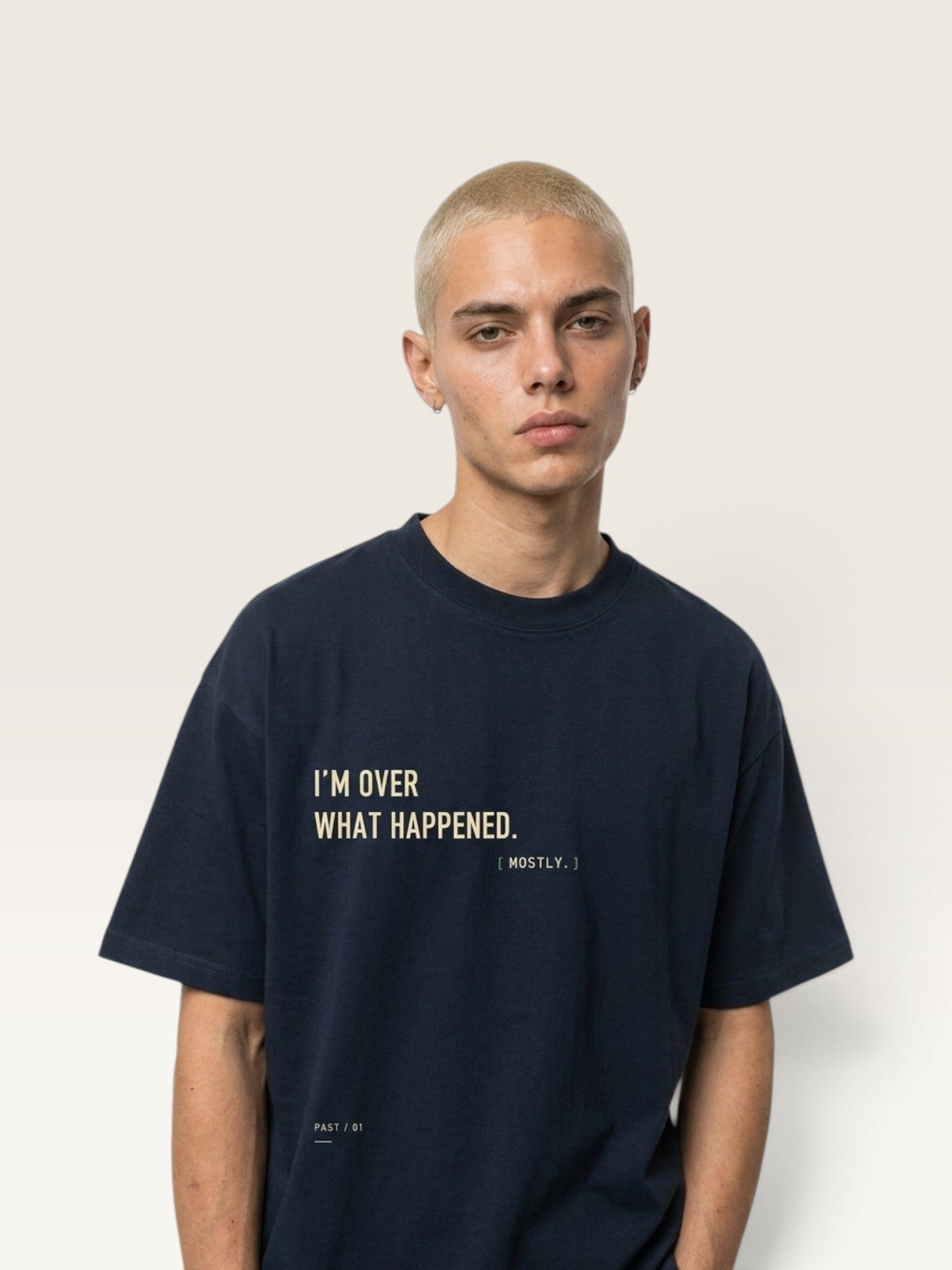 WEARCAPTION navy heavyweight cotton oversized t-shirt with I'M OVER WHAT HAPPENED text print on chest