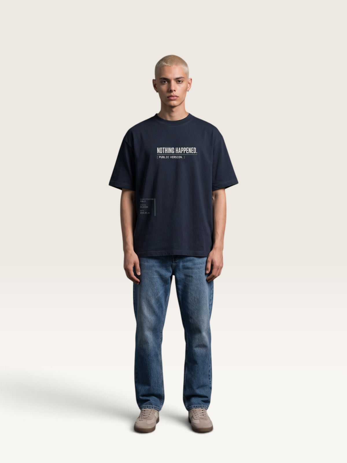 Navy Blue WEARCAPTION  heavyweight cotton oversized t-shirt with NOTHING HAPPENED PUBLIC VERSION graphic print