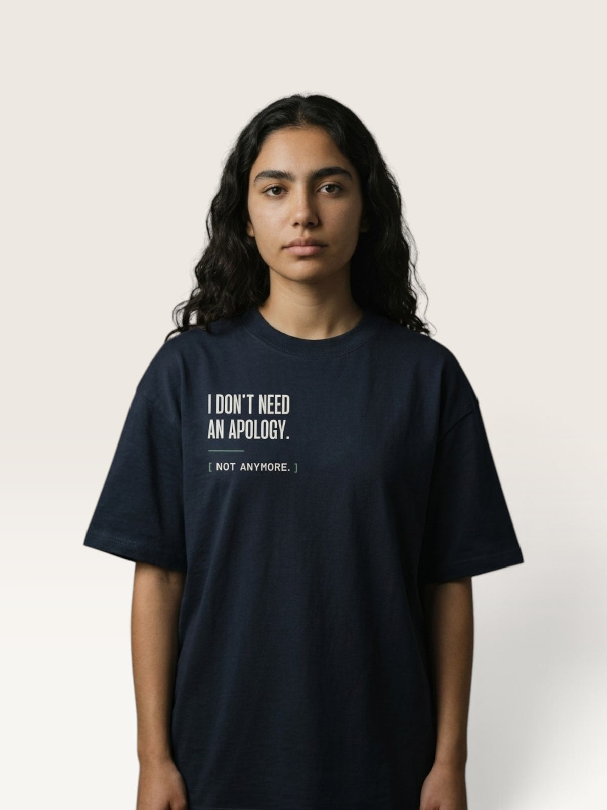 Navy Blue  WEARCAPTION navy blue heavyweight cotton oversized t-shirt with I DON'T NEED AN APOLOGY text on the front chest