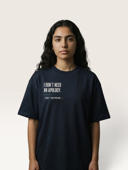 Navy Blue  WEARCAPTION navy blue heavyweight cotton oversized t-shirt with I DON'T NEED AN APOLOGY text on the front chest