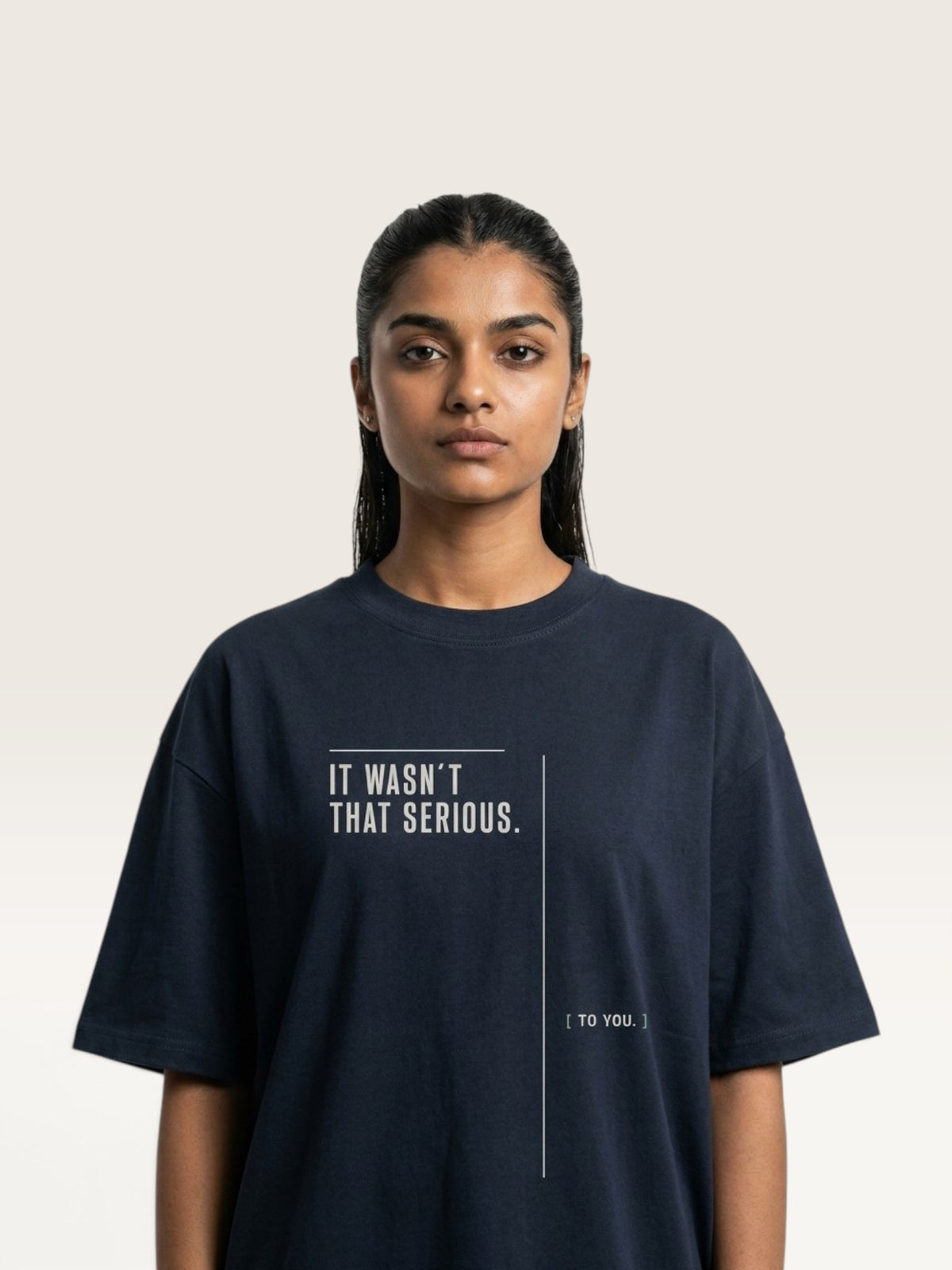 Navy Blue WEARCAPTION oversized navy heavyweight cotton t-shirt with white IT WASN'T THAT SERIOUS text on the front