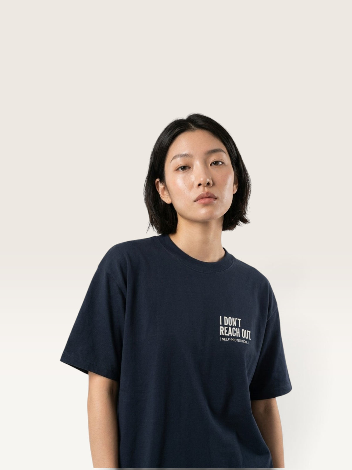 Navy Blue  WEARCAPTION  heavyweight cotton oversized t-shirt with white I DON'T REACH OUT graphic print on the chest