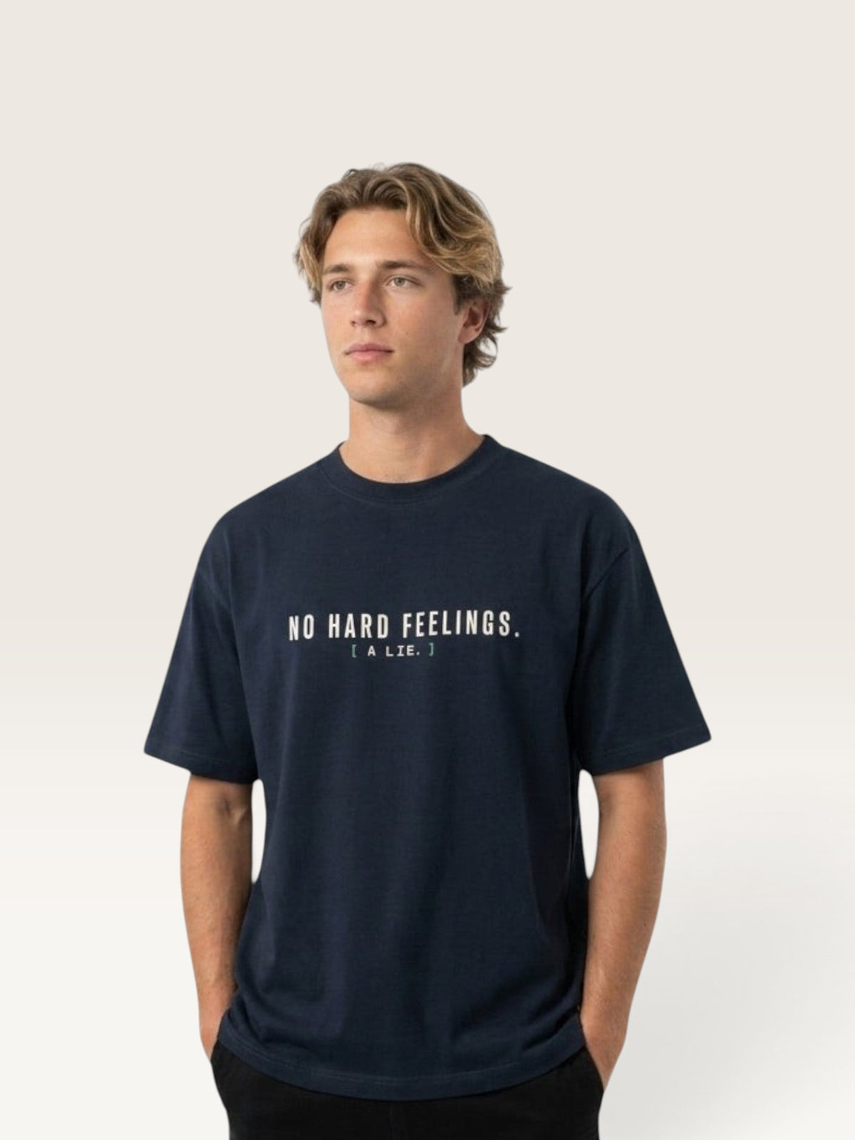 Navy Blue - heavyweight cotton oversized t-shirt with white NO HARD FEELINGS A LIE text print on the front