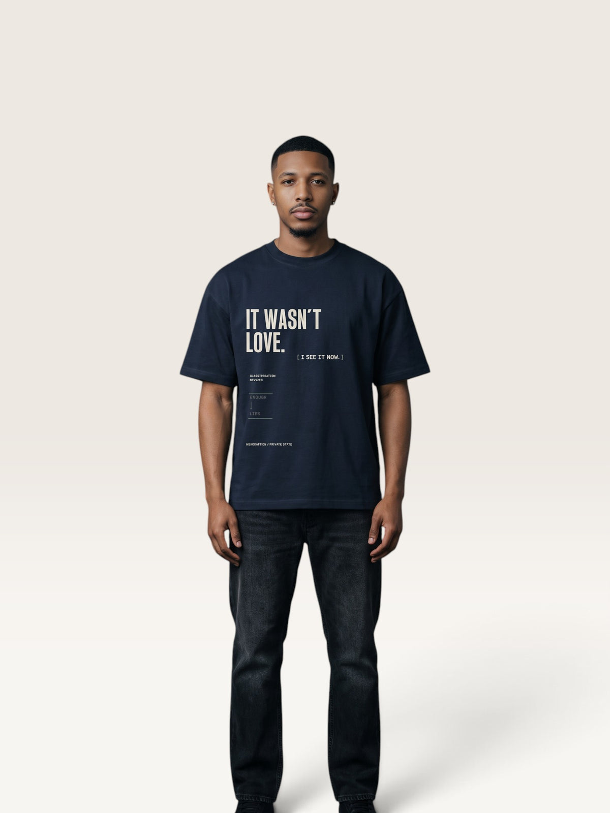 Navy Blue WEARCAPTION heavyweight cotton oversized t-shirt with white and green graphic text print on the back