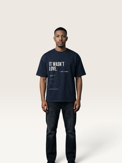 Navy Blue WEARCAPTION heavyweight cotton oversized t-shirt with white and green graphic text print on the back