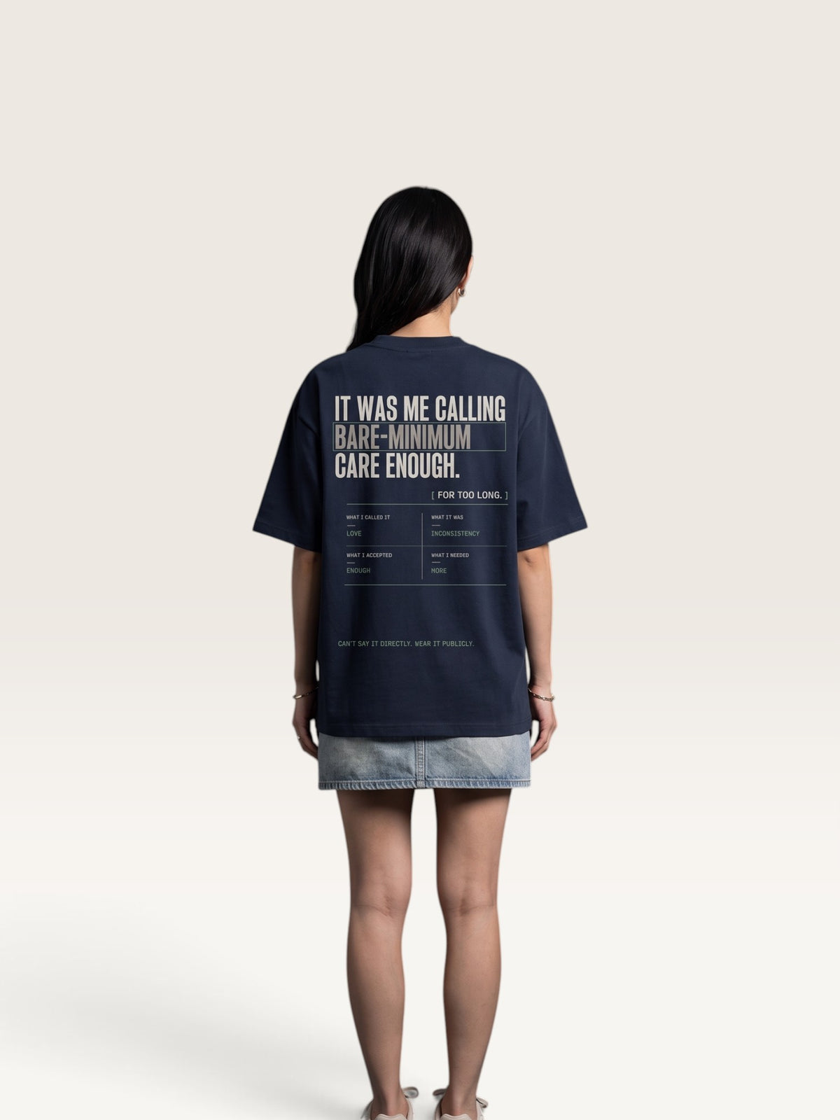Navy Blue WEARCAPTION heavyweight cotton oversized t-shirt with white and green graphic text print on the back