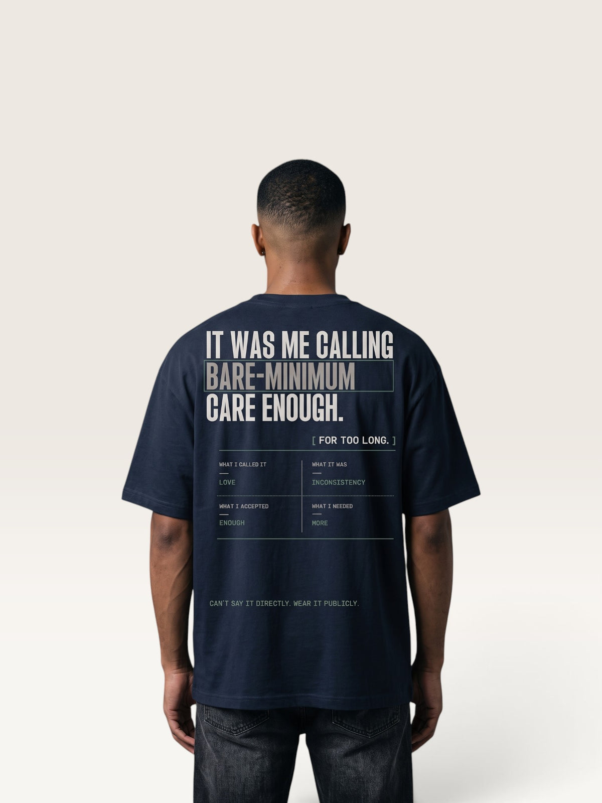 Navy Blue WEARCAPTION heavyweight cotton oversized t-shirt with white and green graphic text print on the back