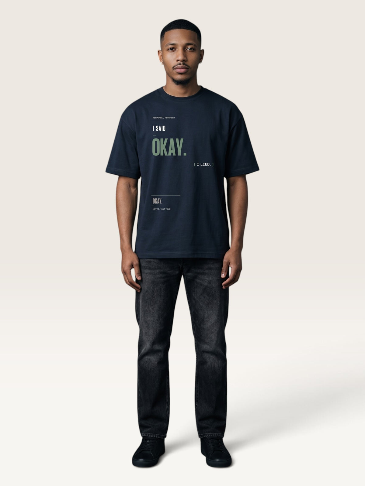 Navy Blue - heavyweight cotton oversized t-shirt with I SAID OKAY graphic print on the front