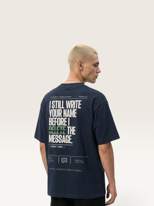 Navy Blue  WEARCAPTION  heavyweight cotton oversized t-shirt with white I DON'T REACH OUT graphic print on the chest