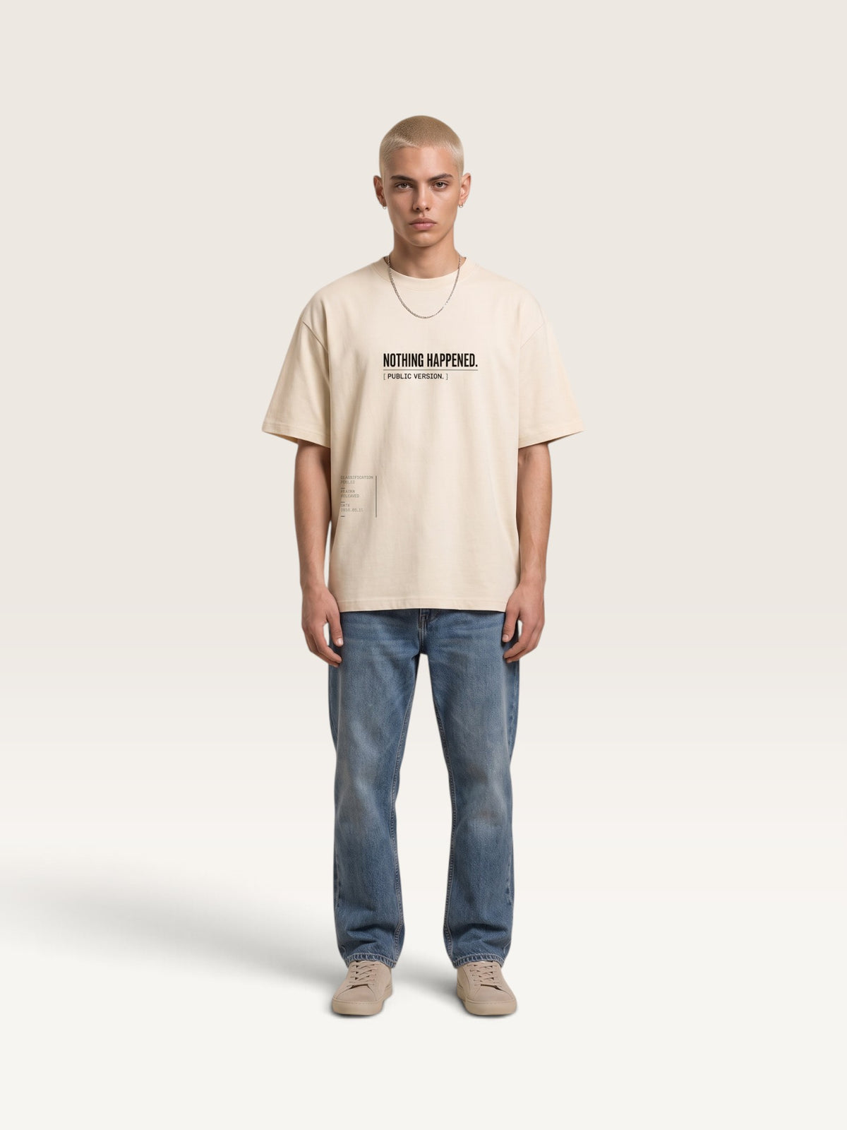 Mild Apricot WEARCAPTION  heavyweight cotton oversized t-shirt with NOTHING HAPPENED PUBLIC VERSION graphic print