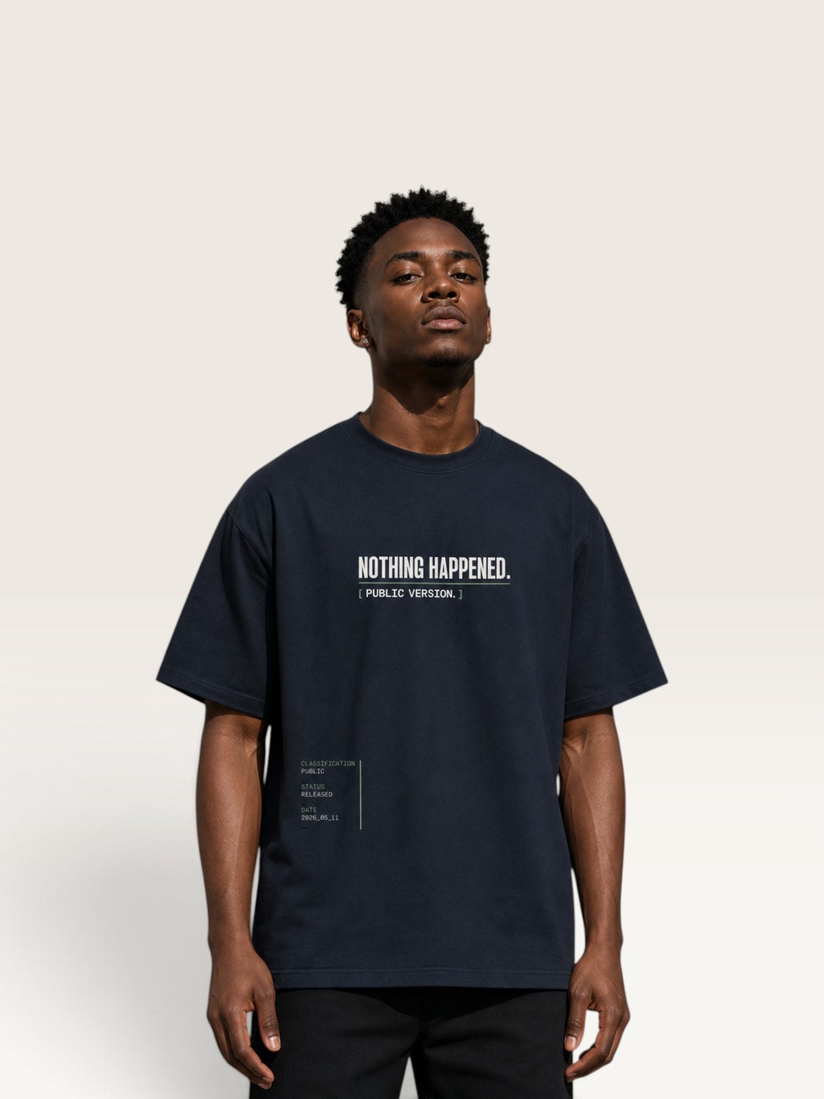 Navy Blue WEARCAPTION  heavyweight cotton oversized t-shirt with NOTHING HAPPENED PUBLIC VERSION graphic print