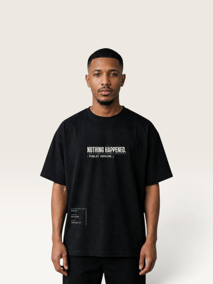 Black WEARCAPTION  heavyweight cotton oversized t-shirt with NOTHING HAPPENED PUBLIC VERSION graphic print