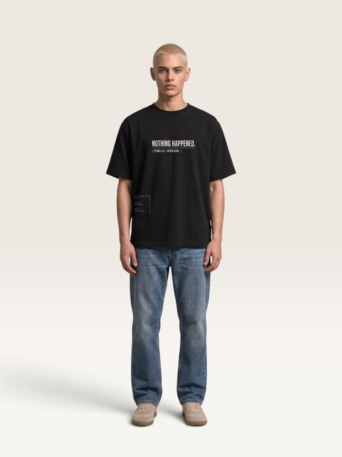 Black WEARCAPTION  heavyweight cotton oversized t-shirt with NOTHING HAPPENED PUBLIC VERSION graphic print