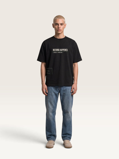 Black WEARCAPTION  heavyweight cotton oversized t-shirt with NOTHING HAPPENED PUBLIC VERSION graphic print