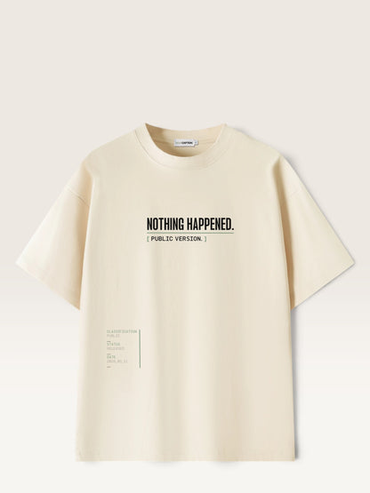 Mild Apricot WEARCAPTION  heavyweight cotton oversized t-shirt with NOTHING HAPPENED PUBLIC VERSION graphic print