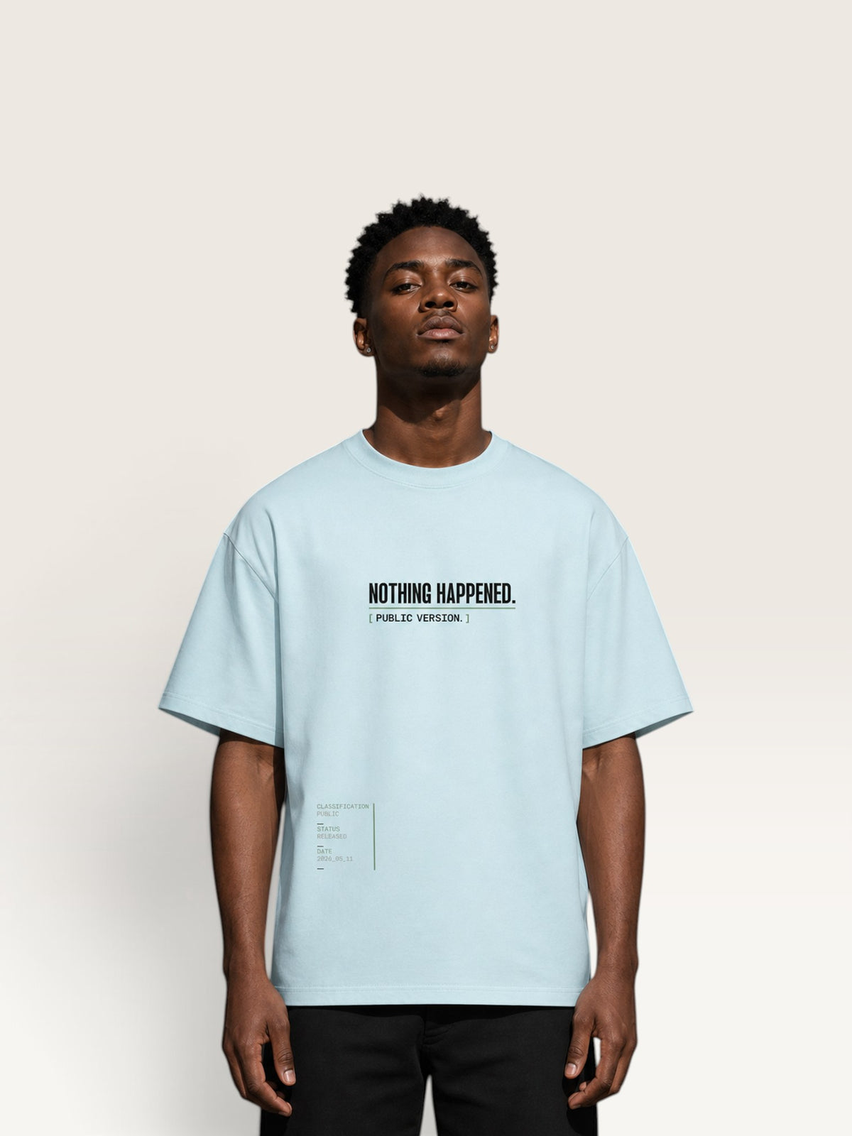 Sky Blue WEARCAPTION  heavyweight cotton oversized t-shirt with NOTHING HAPPENED PUBLIC VERSION graphic print