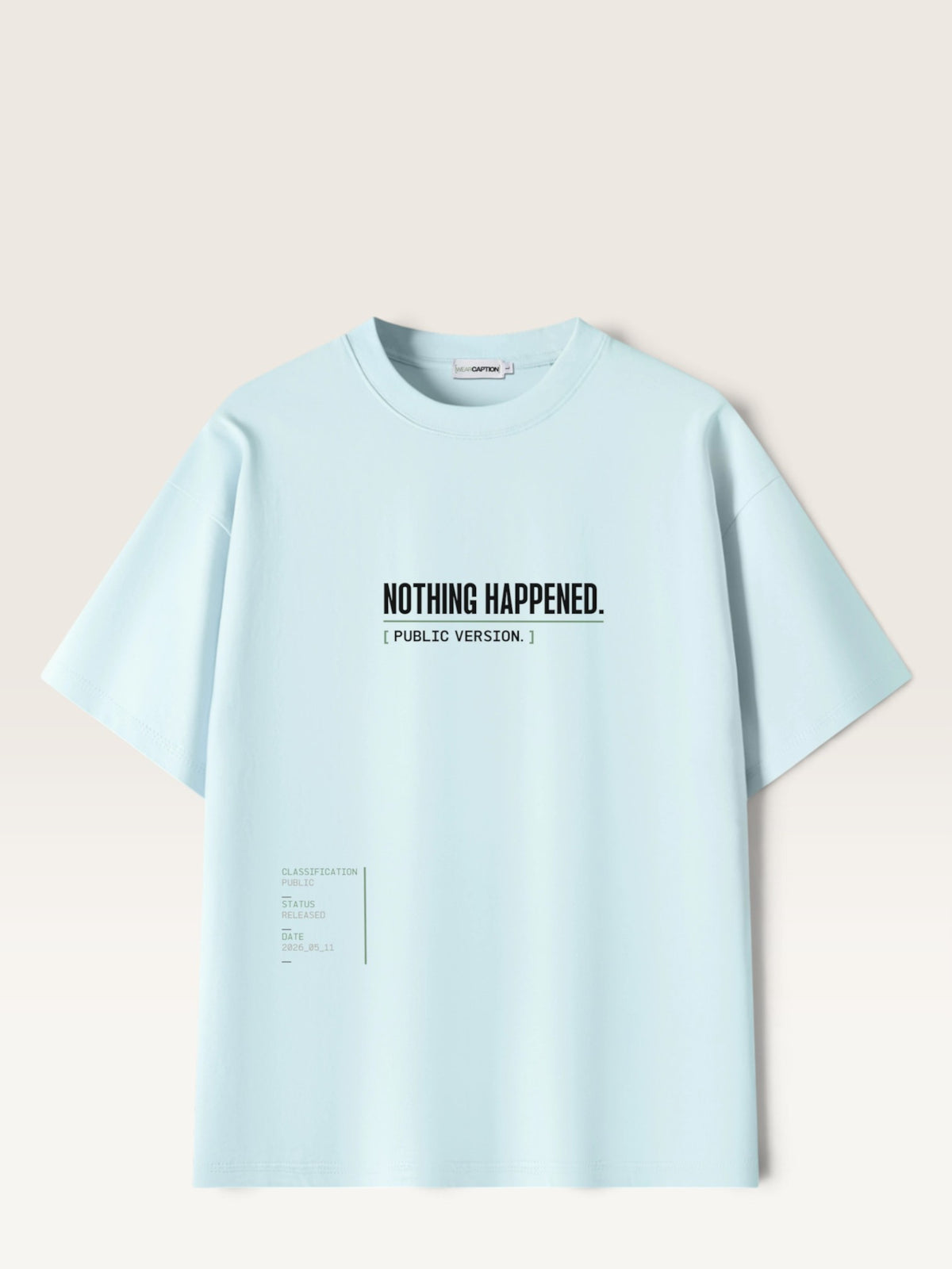 Navy Blue WEARCAPTION  heavyweight cotton oversized t-shirt with NOTHING HAPPENED PUBLIC VERSION graphic print