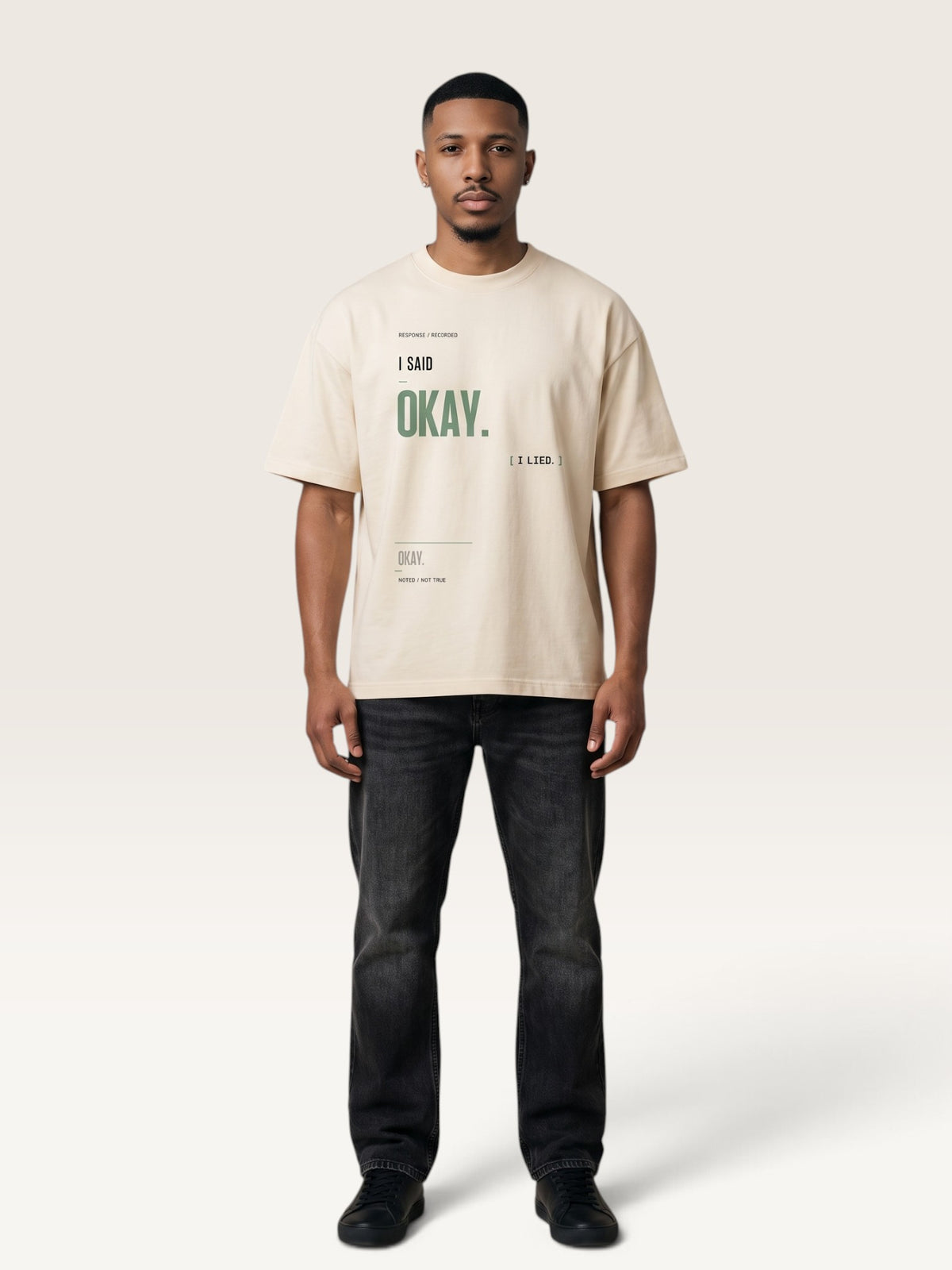 Mild Apricot - heavyweight cotton oversized t-shirt with I SAID OKAY graphic print on the front