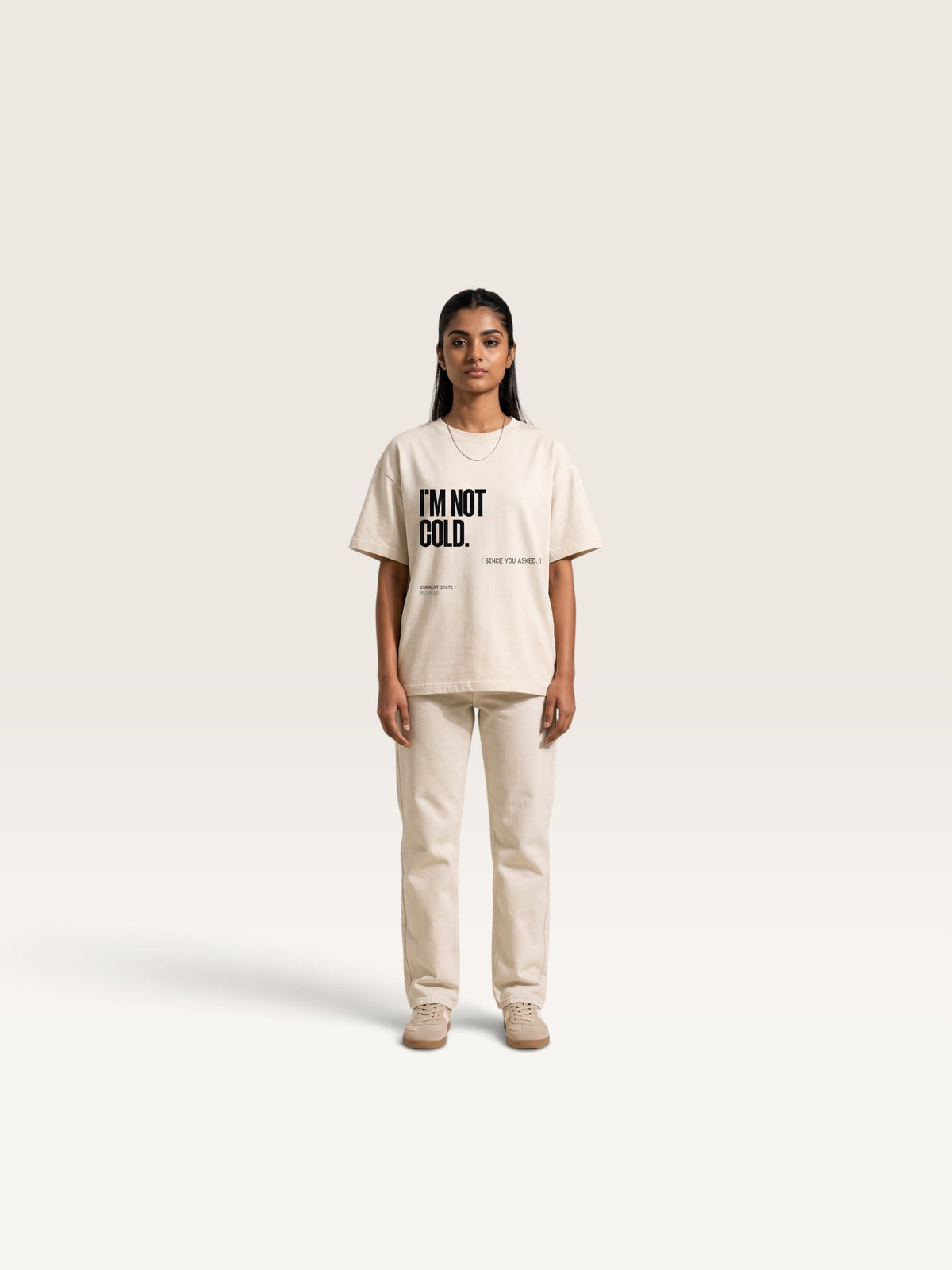 Mild Apricot WEARCAPTION heavyweight cotton oversized t-shirt with white I'M NOT COLD graphic print on the chest.