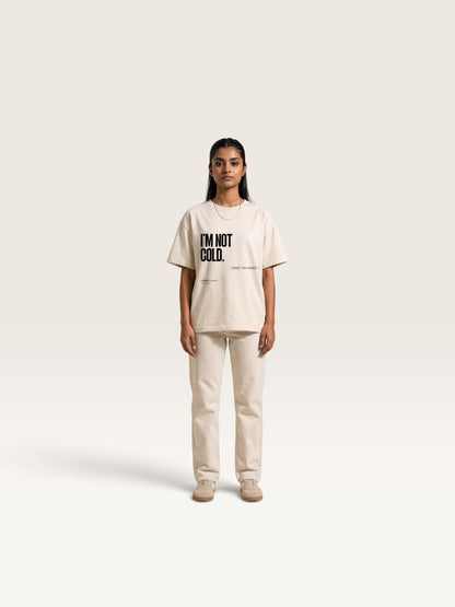 Mild Apricot WEARCAPTION heavyweight cotton oversized t-shirt with white I'M NOT COLD graphic print on the chest.