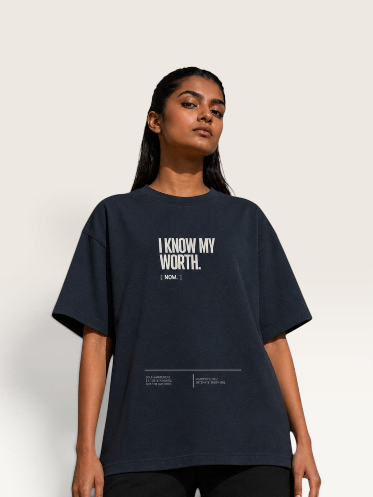 Navy Blue  WEARCAPTION  heavyweight cotton oversized t-shirt with white I KNOW MY WORTH graphic print on the front