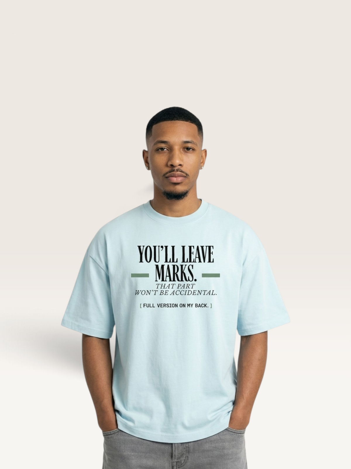 Sky Blue - YOU'LL LEAVE MARKS TEE, WEARCAPTION heavyweight oversized front view worn by man