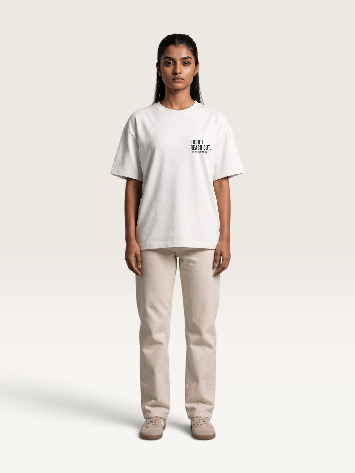 White WEARCAPTION  heavyweight cotton oversized t-shirt with white I DON'T REACH OUT graphic print on the chest