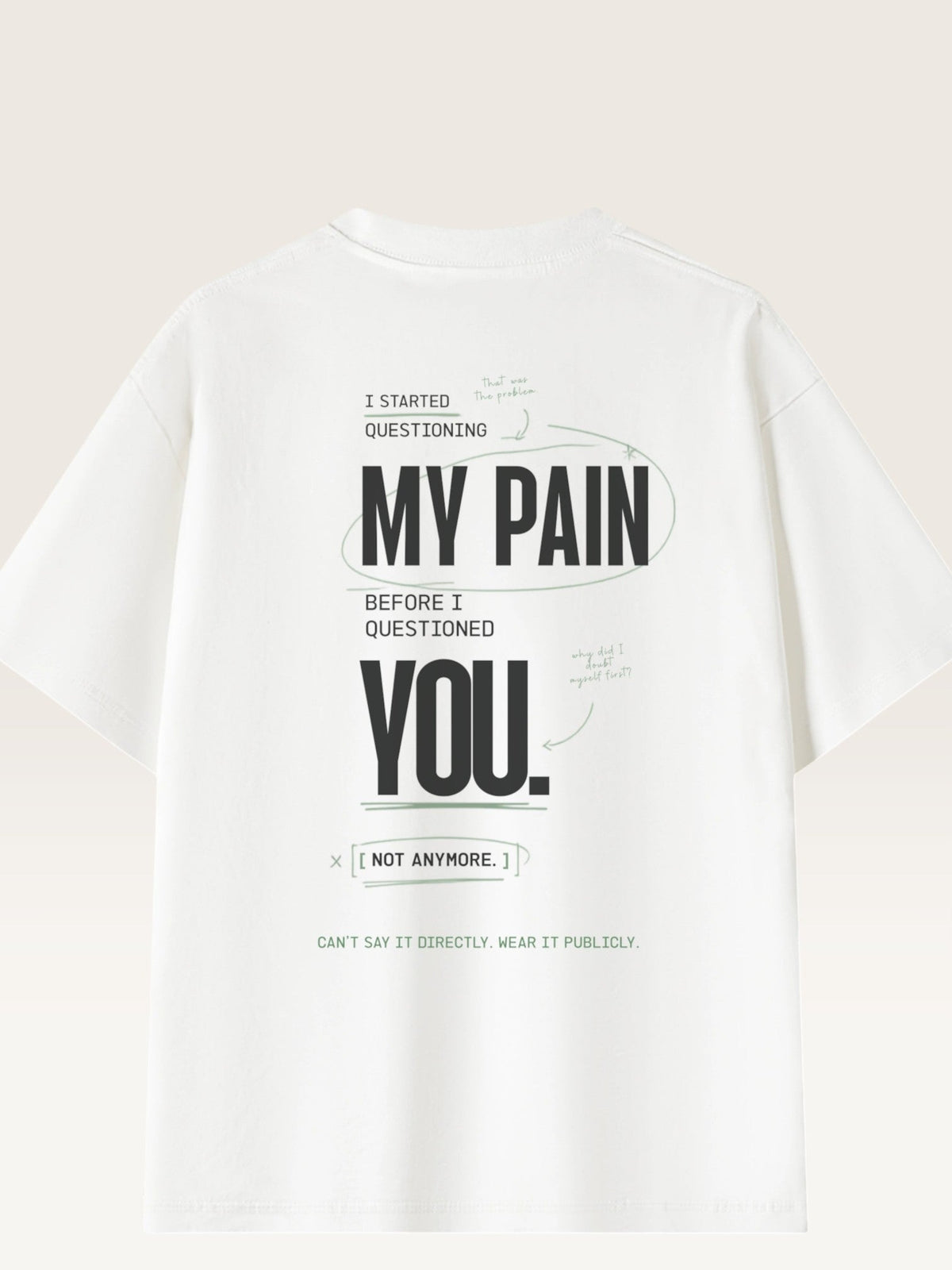 White - heavyweight cotton oversized t-shirt with white IT WASN'T A BIG DEAL graphic print on the  back