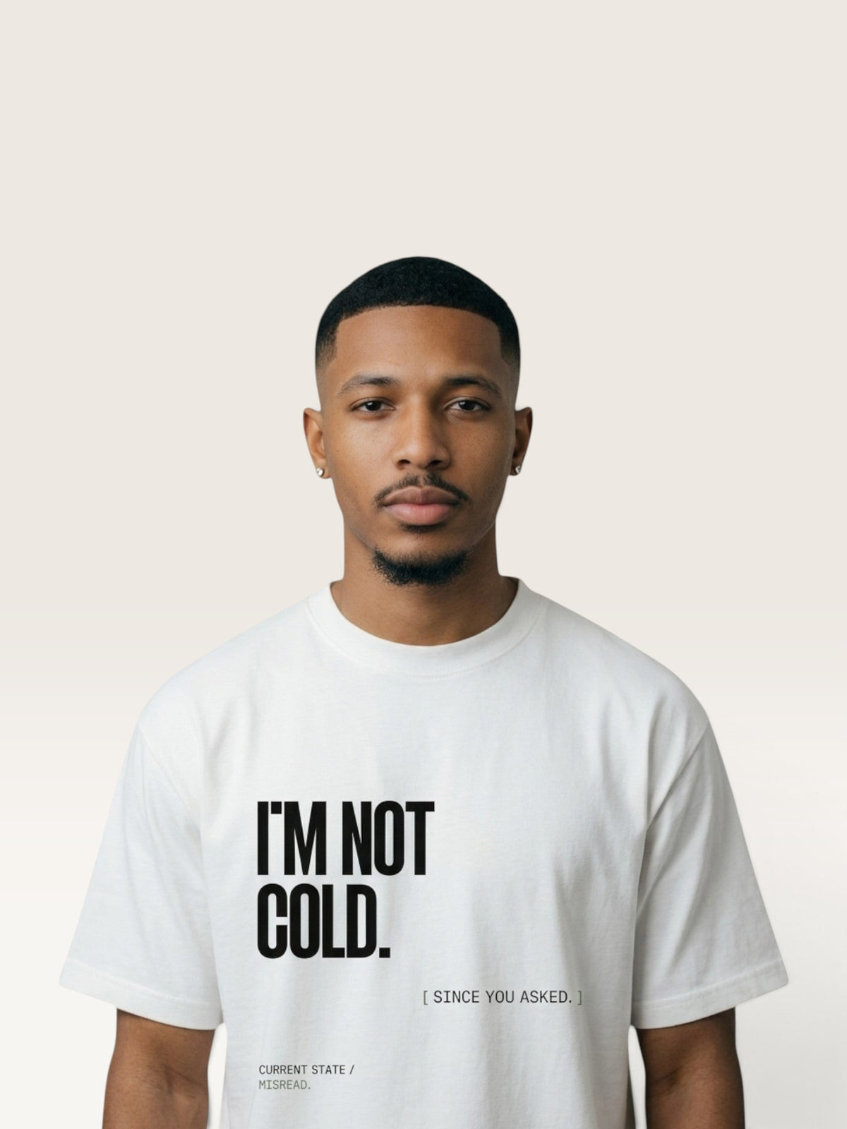 White WEARCAPTION heavyweight cotton oversized t-shirt with white I'M NOT COLD graphic print on the chest.
