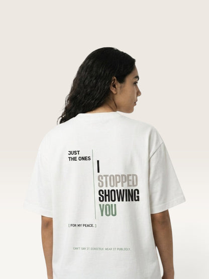 White - heavyweight cotton oversized t-shirt with white NO HARD FEELINGS A LIE text print on the front