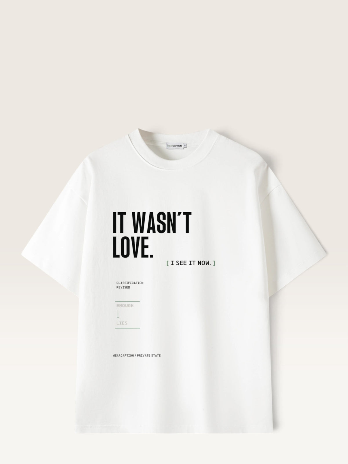 White WEARCAPTION heavyweight cotton oversized t-shirt with white and green graphic text print on the back