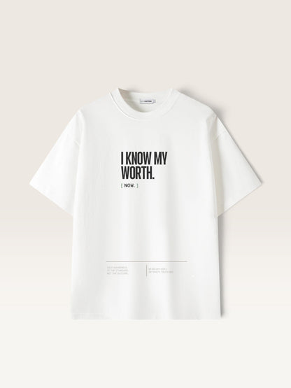 White WEARCAPTION  heavyweight cotton oversized t-shirt with white I KNOW MY WORTH graphic print on the front