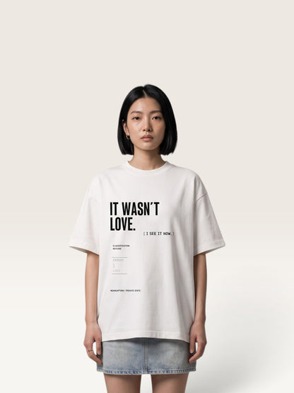 White WEARCAPTION heavyweight cotton oversized t-shirt with white and green graphic text print on the back
