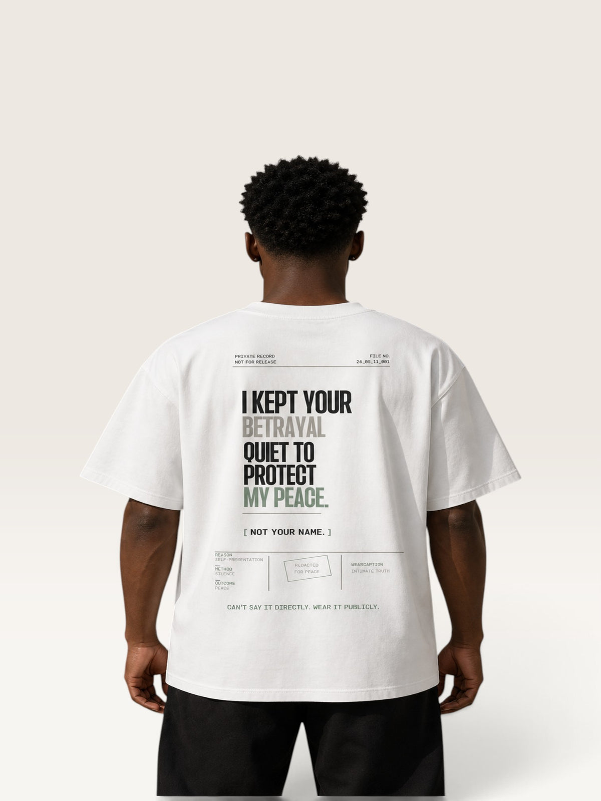 White WEARCAPTION  heavyweight cotton oversized t-shirt with NOTHING HAPPENED PUBLIC VERSION graphic print