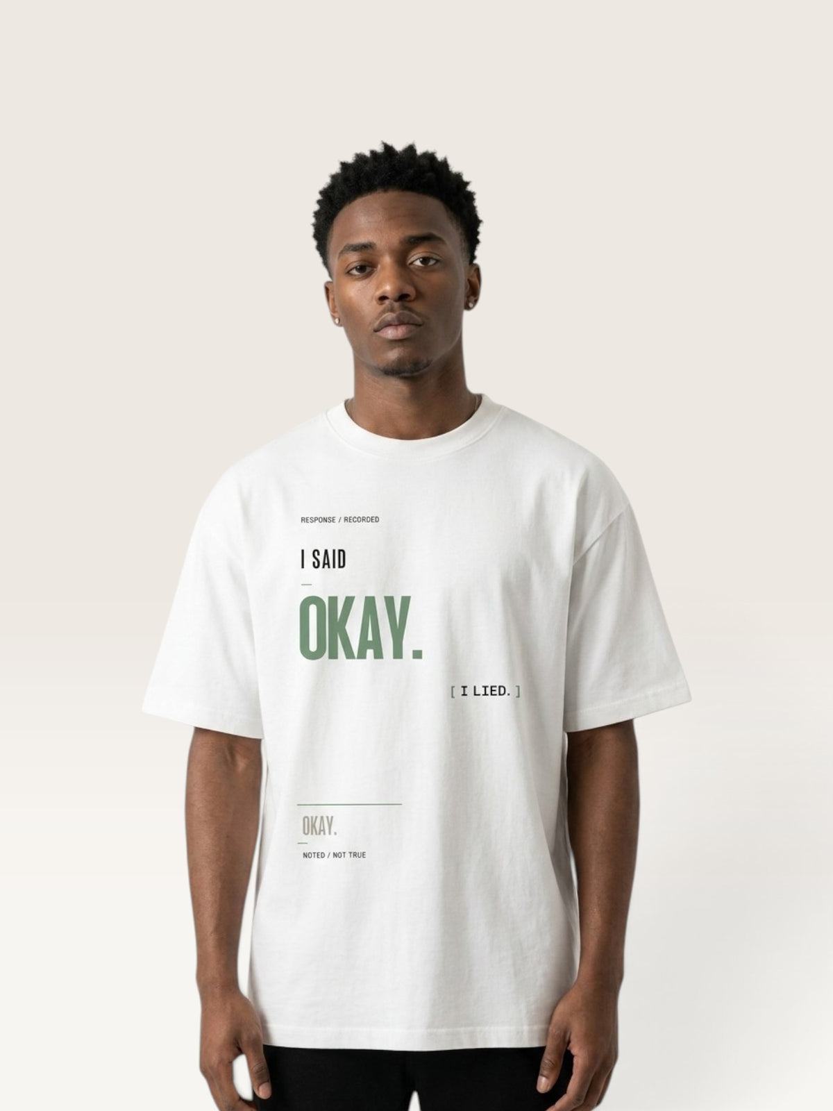 White - heavyweight cotton oversized t-shirt with I SAID OKAY graphic print on the front